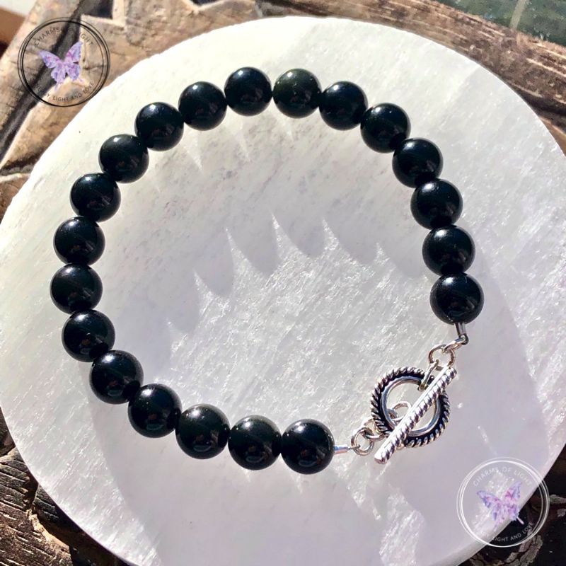 Black Obsidian Healing Bracelet With Silver Toggle Clasp